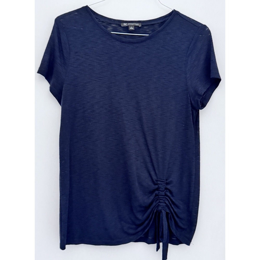 INC INTERNATIONAL Womens Top L Blue Boat Neck Short Sleeve Cotton Blend Tee
